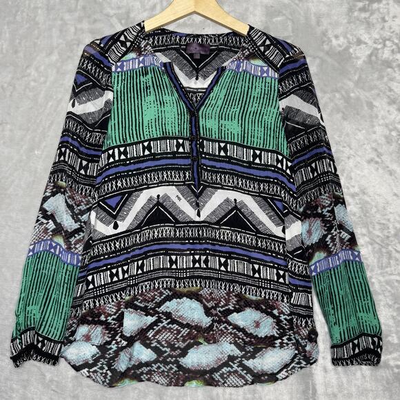 Hale Bob Shirt Womens Medium Multicolor Silk Boho Blouse Long Sleeve V Neck - Picture 2 of 10